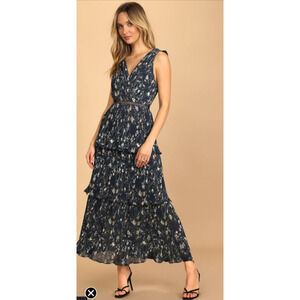 Lulus Such Sophistication Navy Blue Floral Print Pleated Maxi Dress M 6-10 NEW